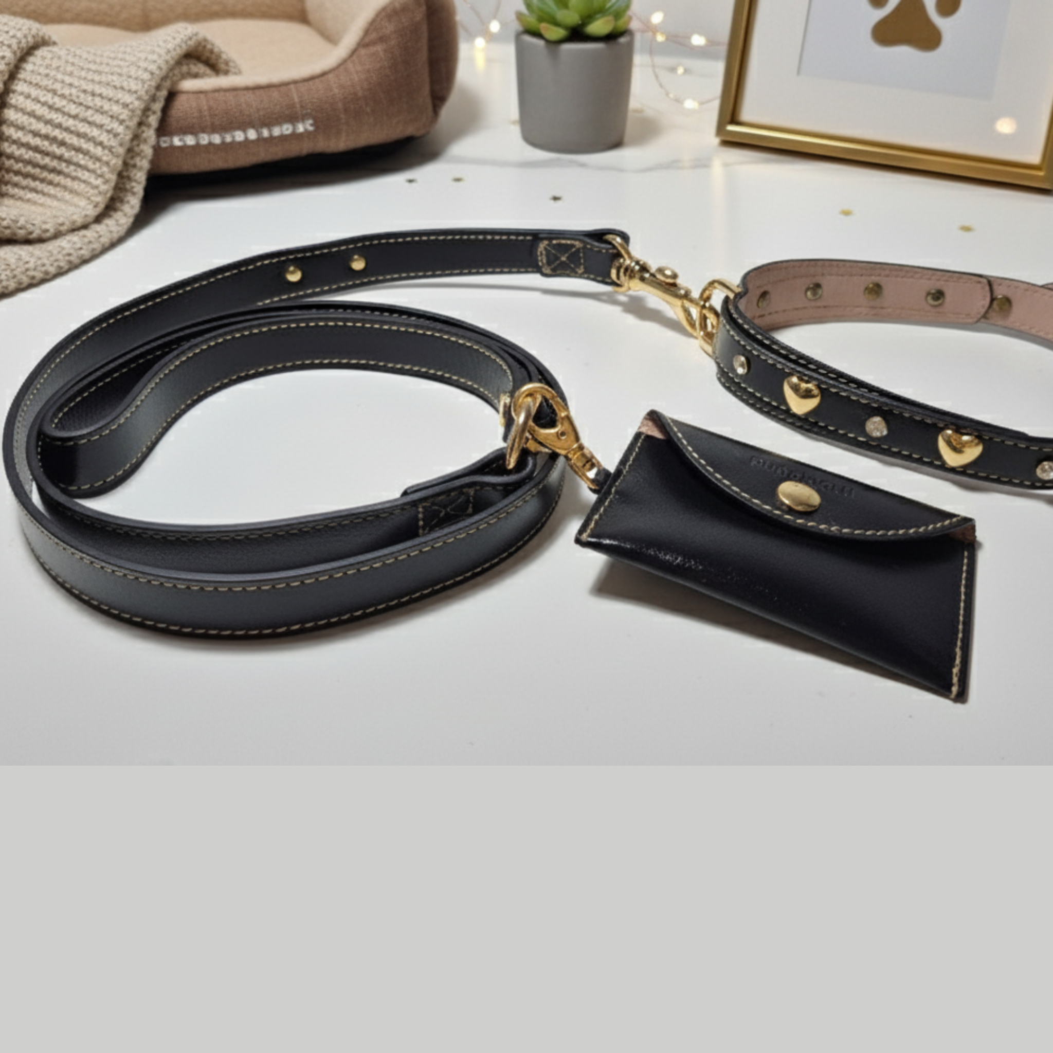 Set Collare con Cristalli e Guinzaglio in Pelle per Cani